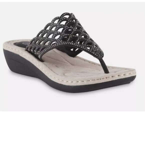 I Love Comfort Erika Black Thong Flat Wedge Sandal Sz 9M - Picture 1 of 7